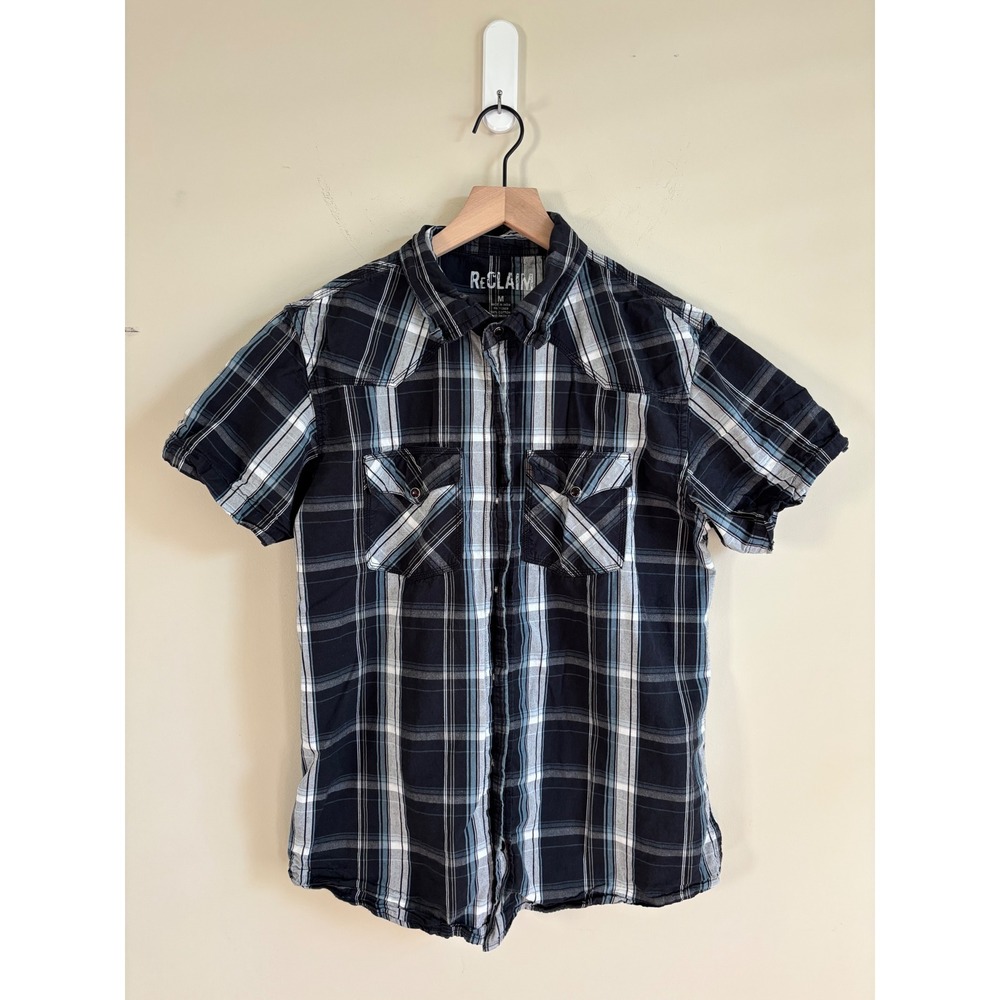 Reclaim Mens Black Blue Plaid Western Short Sleeve Button Down Shirt Size M